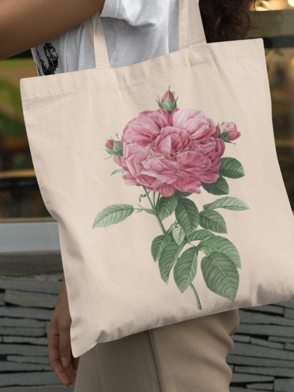 French Rose Vintage Floral Print Graphic Canvas Tote Bag